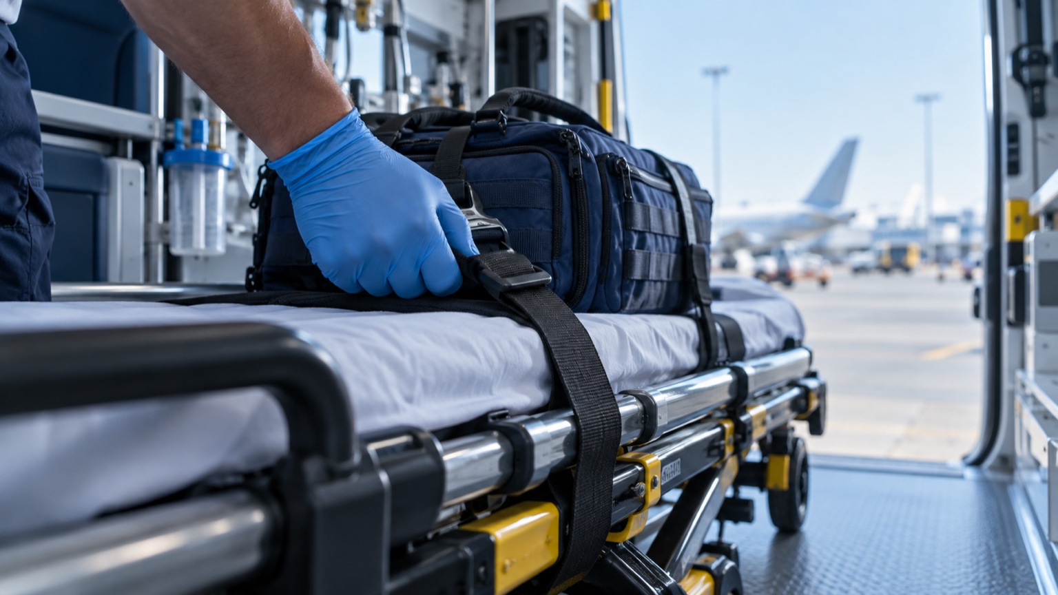 Illustrative blue-gloved hand securing medical equipment inside an ambulance with an aircraft outside