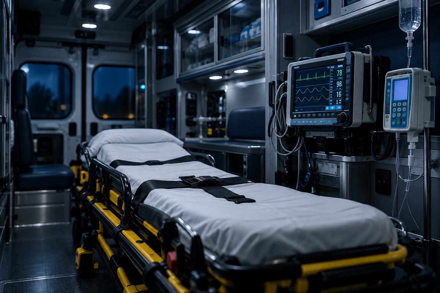 Illustrative heart monitor and IV equipment inside an ambulance