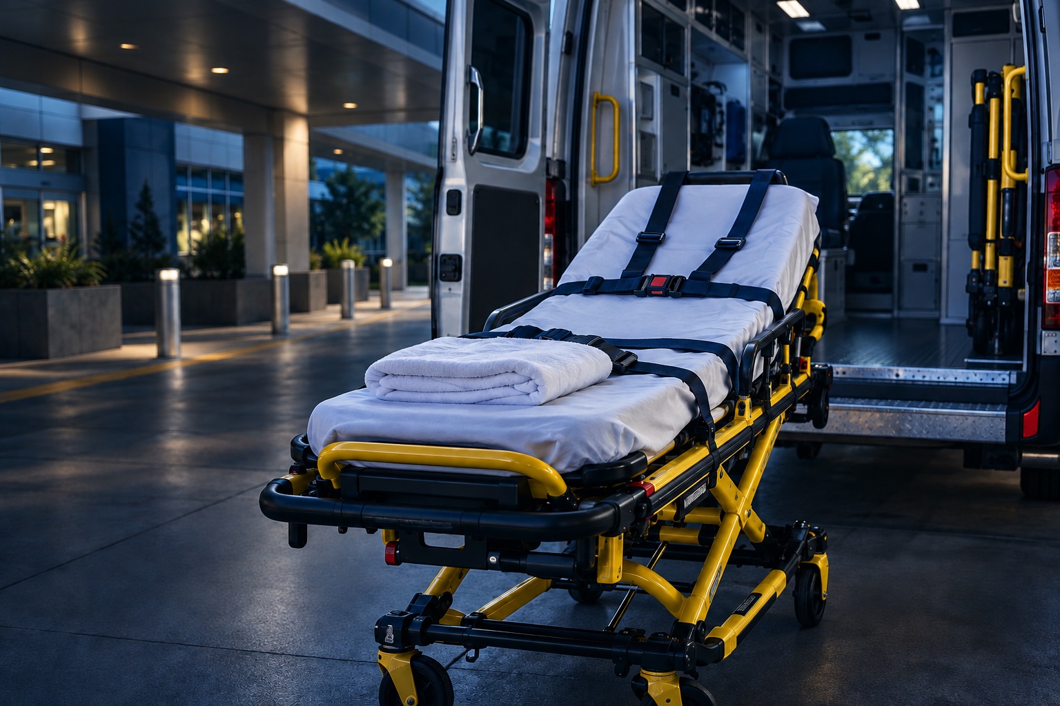 Illustrative empty ambulance stretcher prepared for Basic Life Support transportation