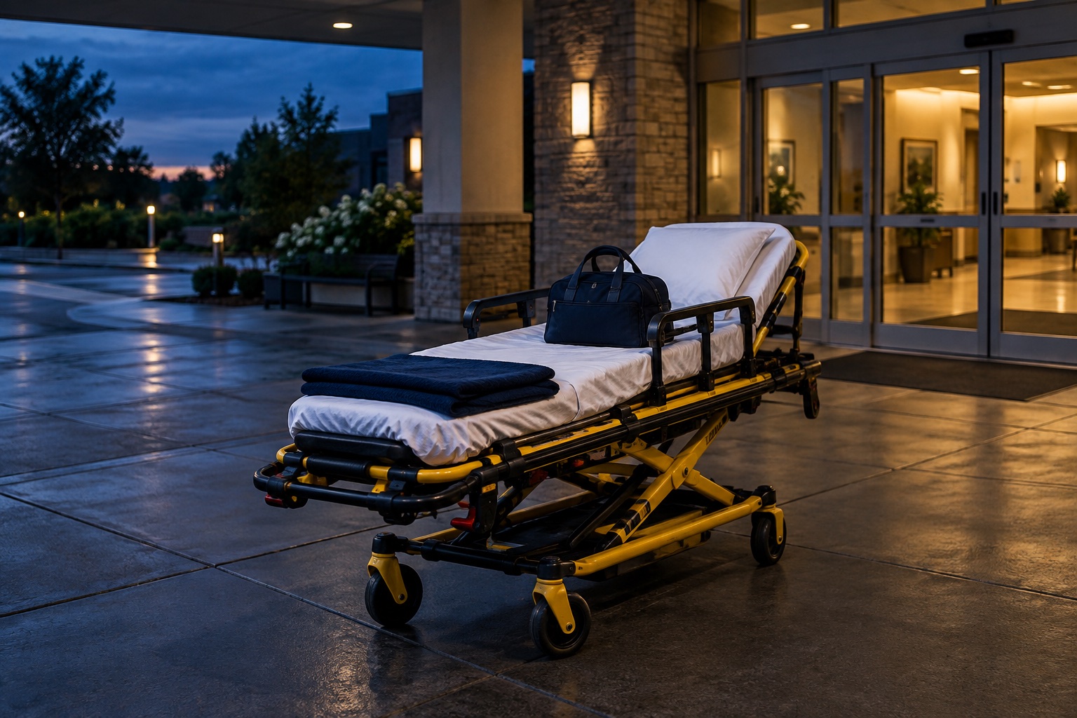 Illustrative ambulance stretcher prepared at a hospital discharge entrance