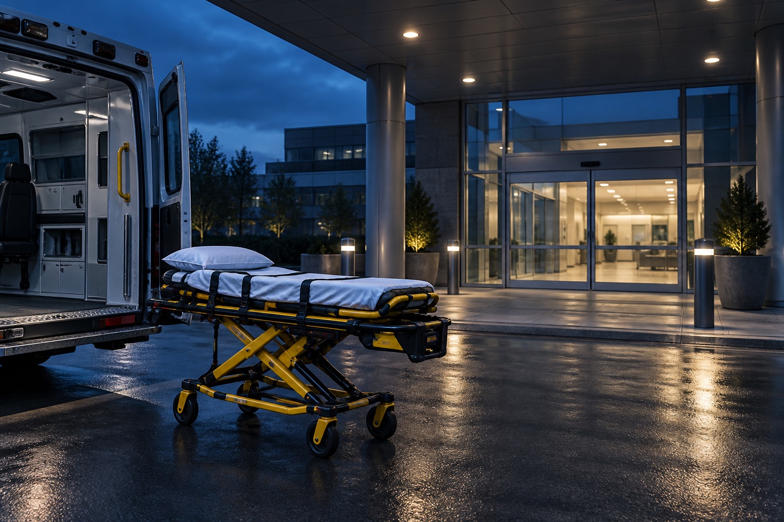 Illustrative ambulance stretcher prepared at a hospital transfer entrance