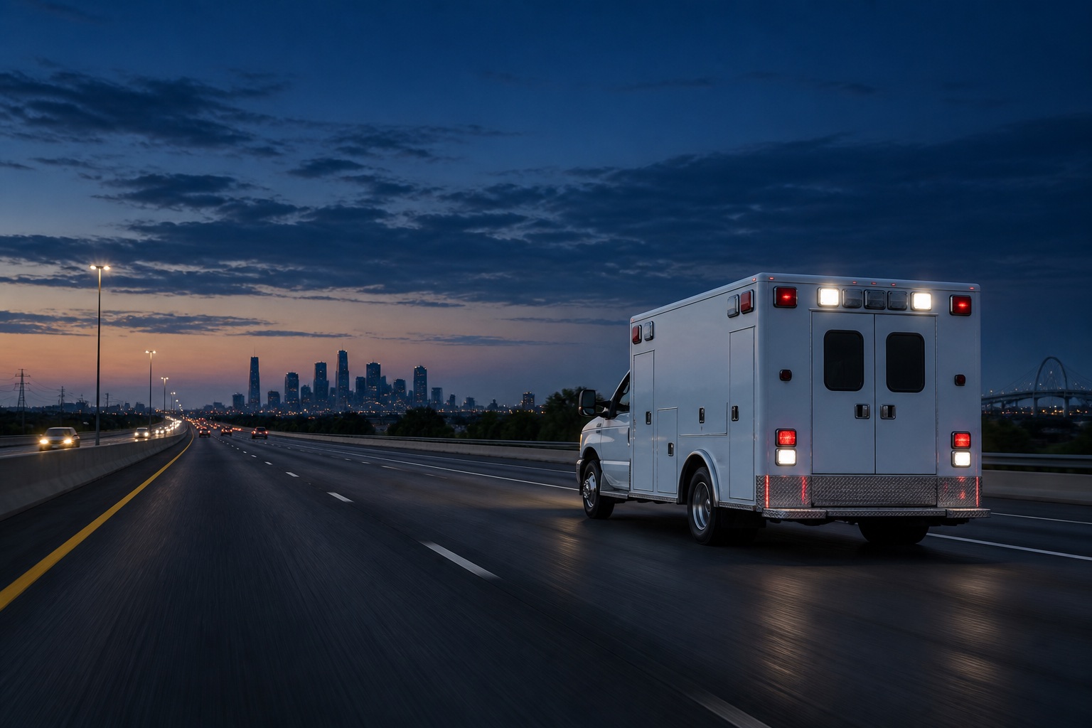 Illustrative ambulance traveling on a long-distance highway route