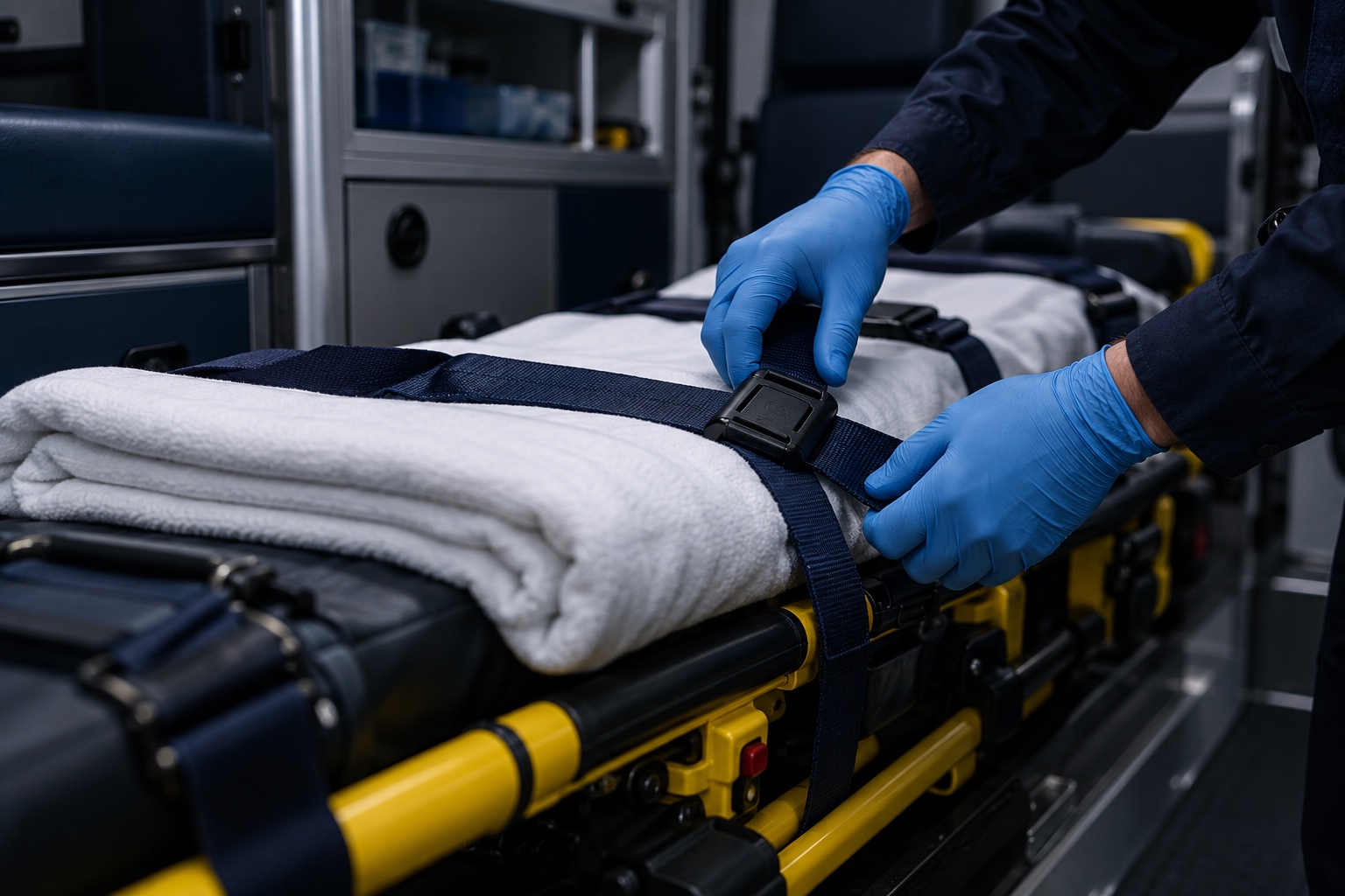 Illustrative blue-gloved hands securing an empty ambulance stretcher