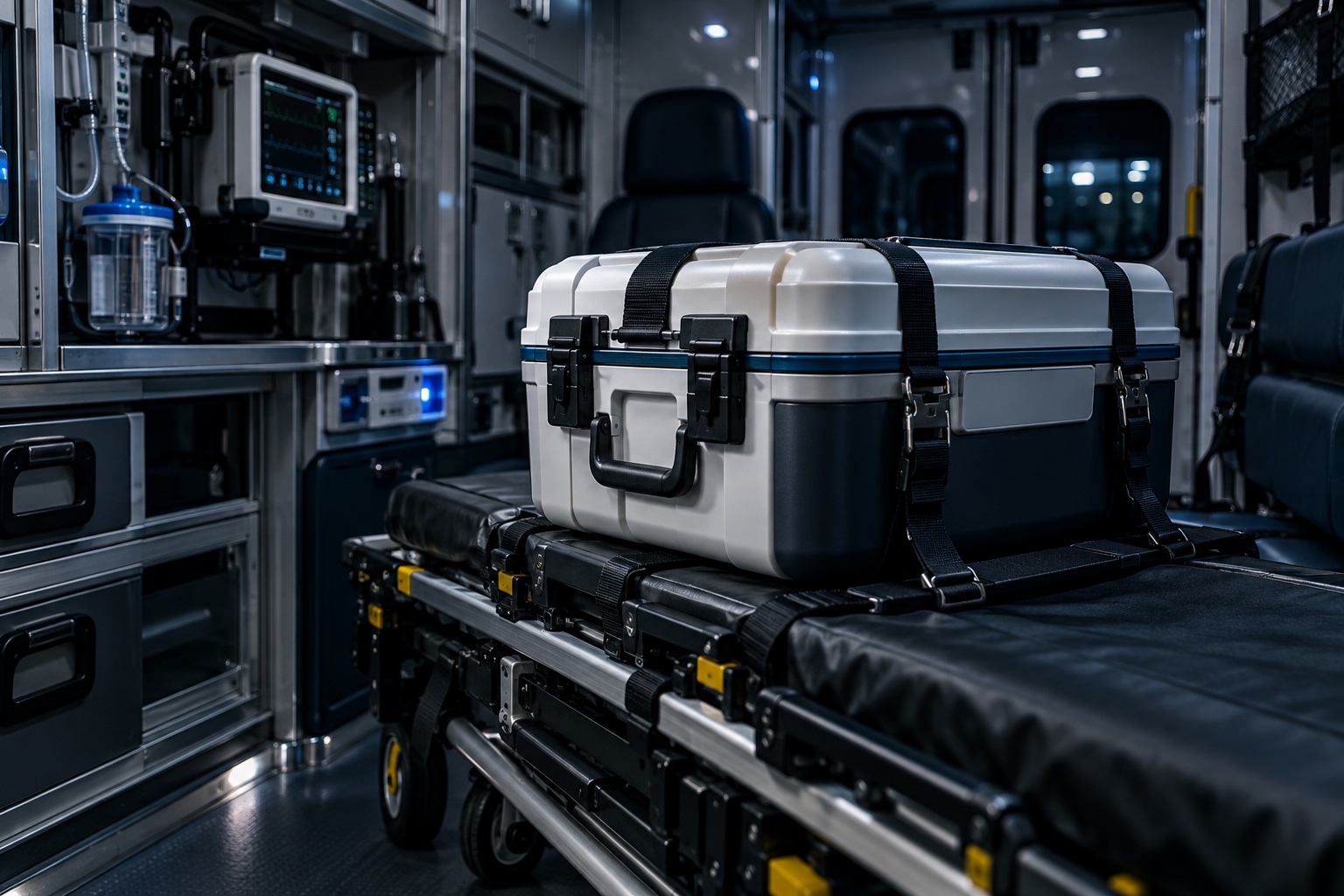 Illustrative secured medical transport case inside an ambulance